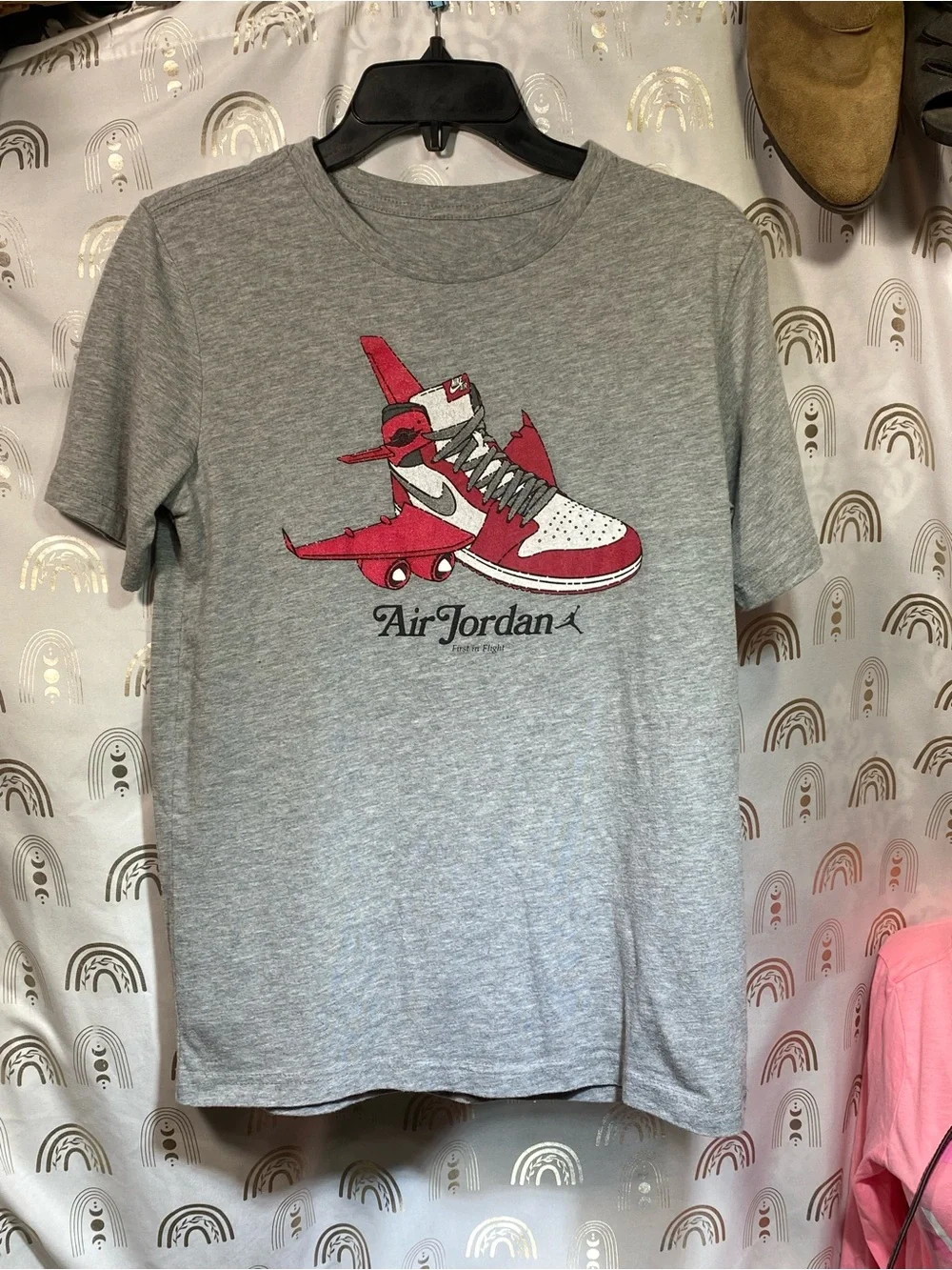 Jordan Kids Grey Tee with Red & White Sneaker Graphic